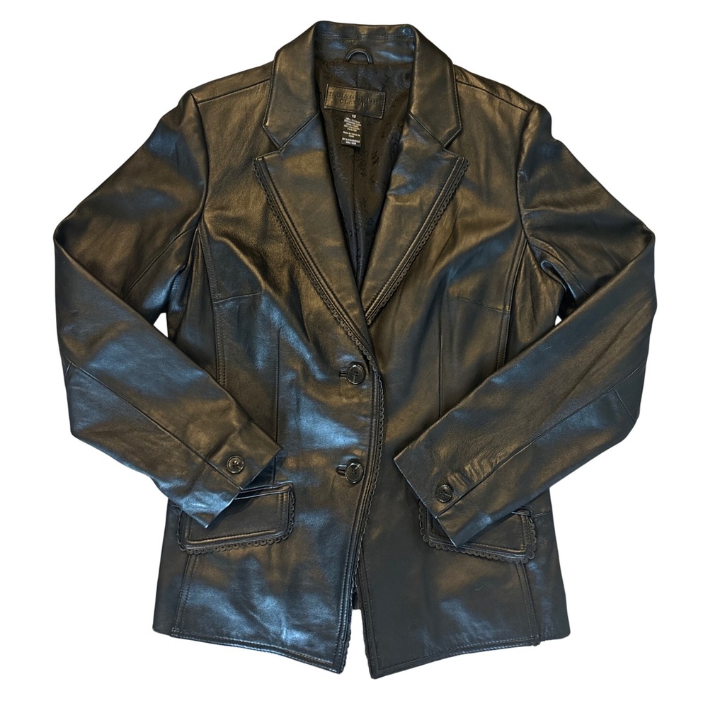Jaclyn Smith Classic Black Leather Blazer Jacket Scalloped Trim Size 12